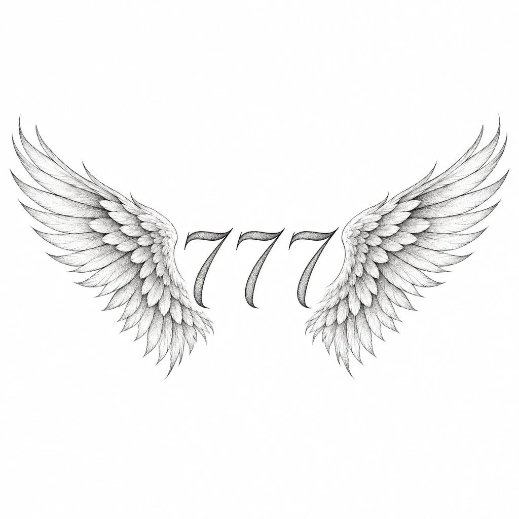 777 tattoo design framed by two spread angel wings with dotwork feathers