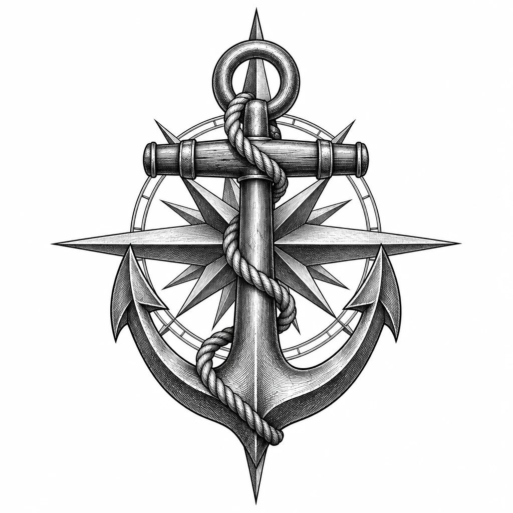 Tattoo design combining a ship anchor with a compass rose radiating behind it