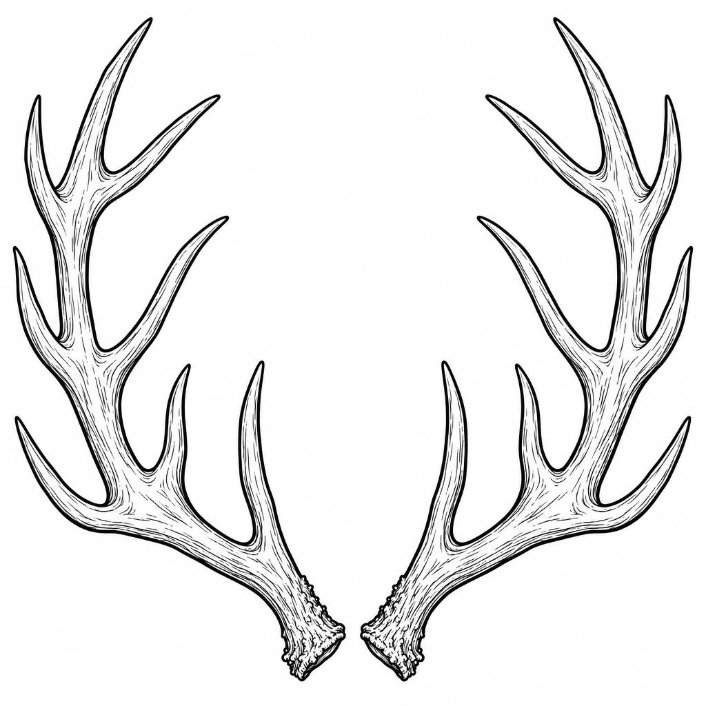Tattoo design of stag antlers alone, a symmetrical rack drawn in fine line without the head