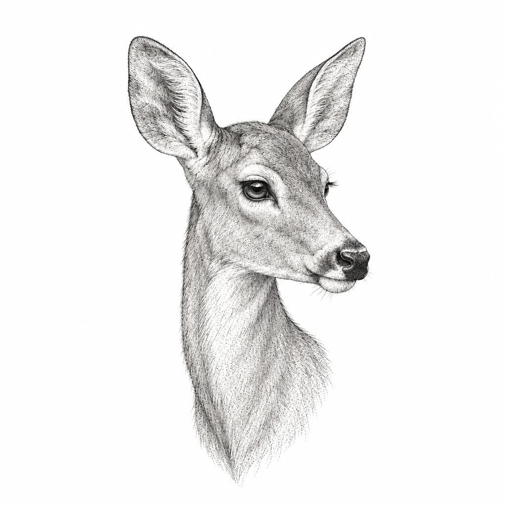Fine-line doe tattoo design, head turned to the side, no antlers, soft gaze