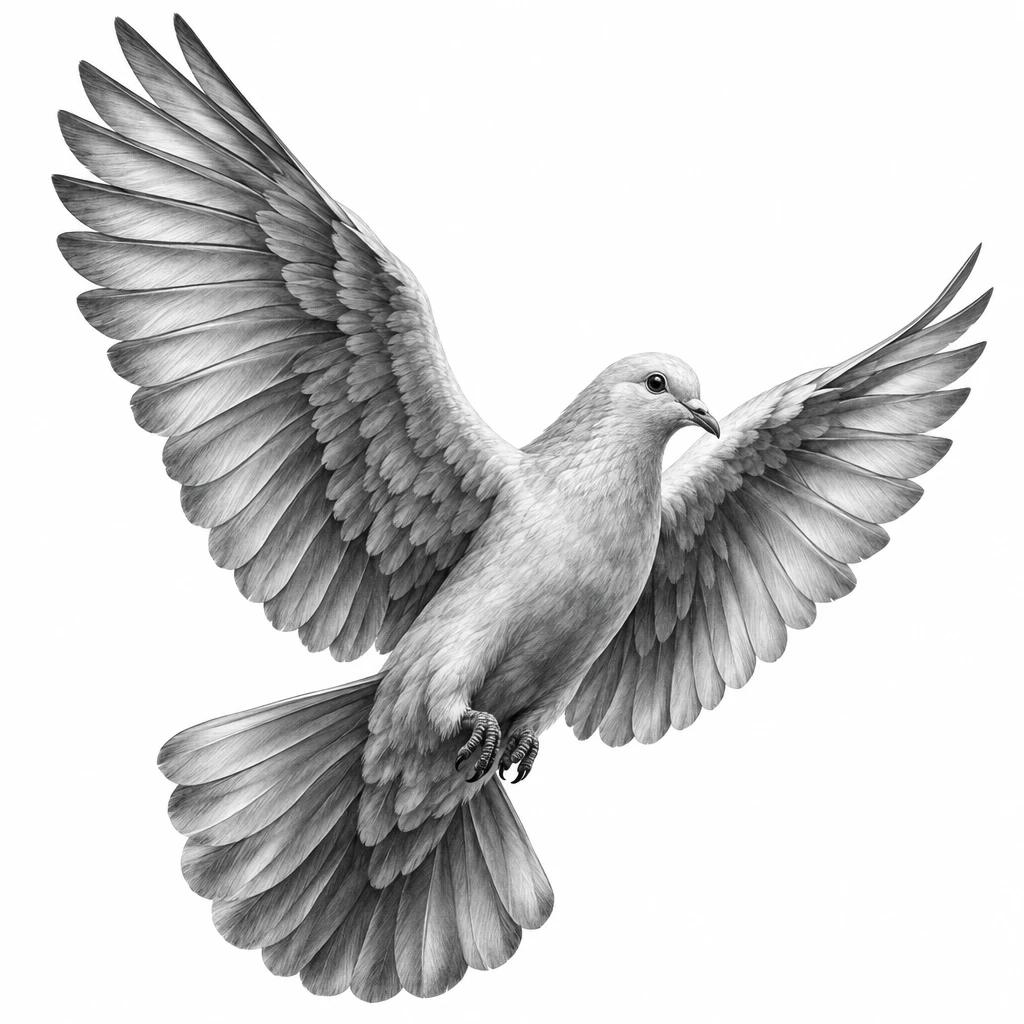 Dove tattoo design in black and grey realism, detailed feathers and gradient shading