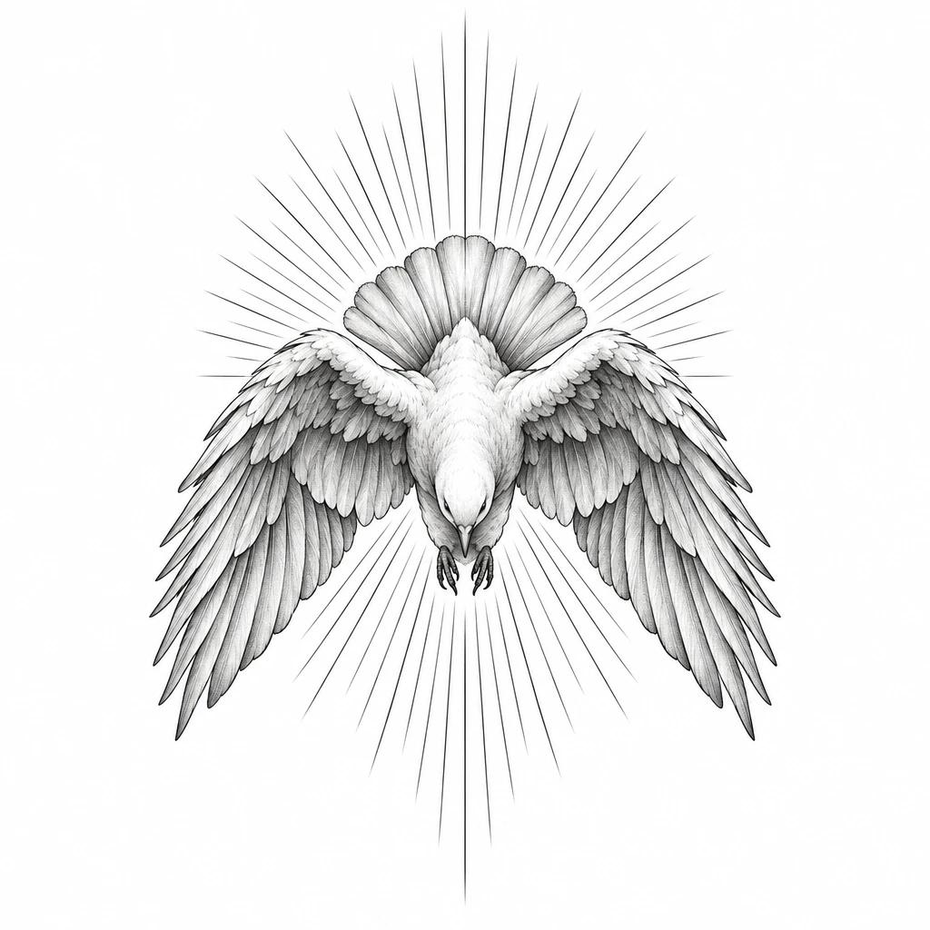 Tattoo design of a dove descending with wings spread in front of a burst of light rays