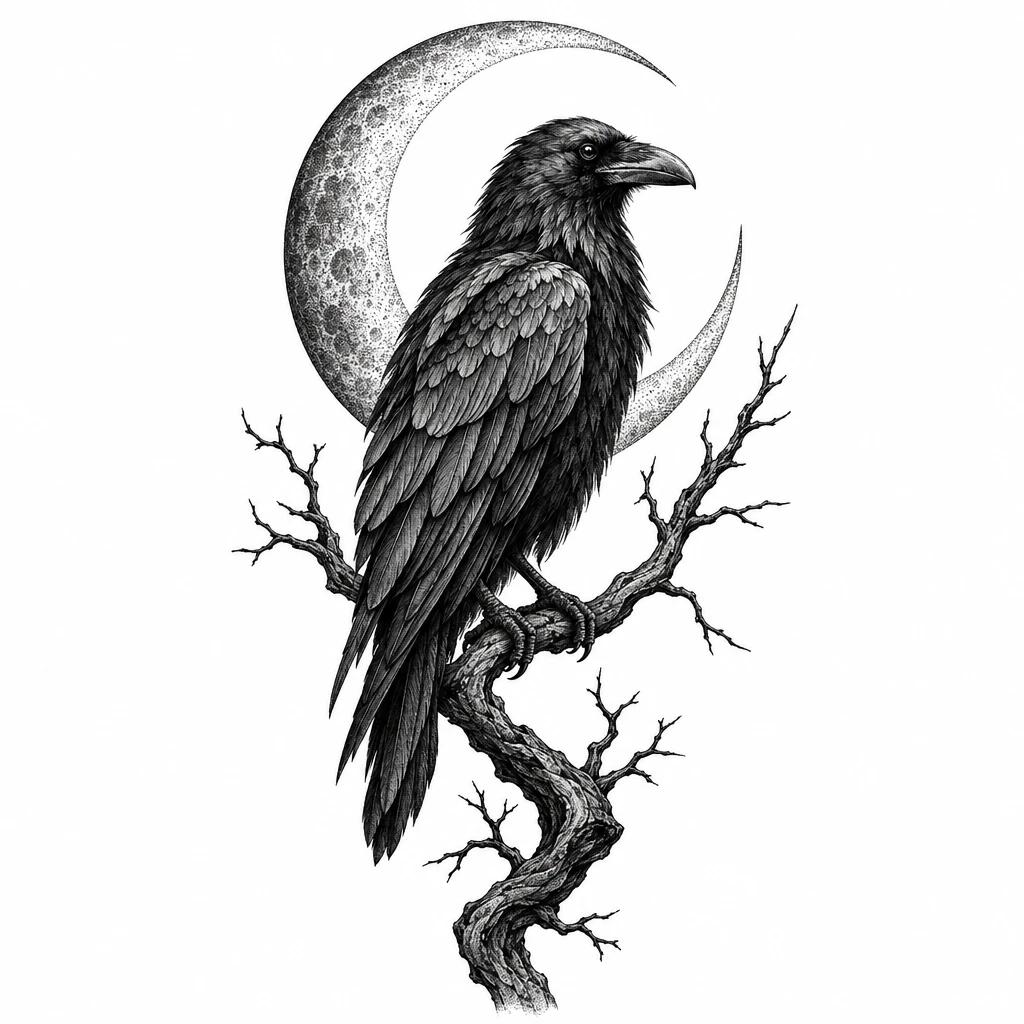 Tattoo design of a raven perched on a bare branch in front of a dotwork crescent moon