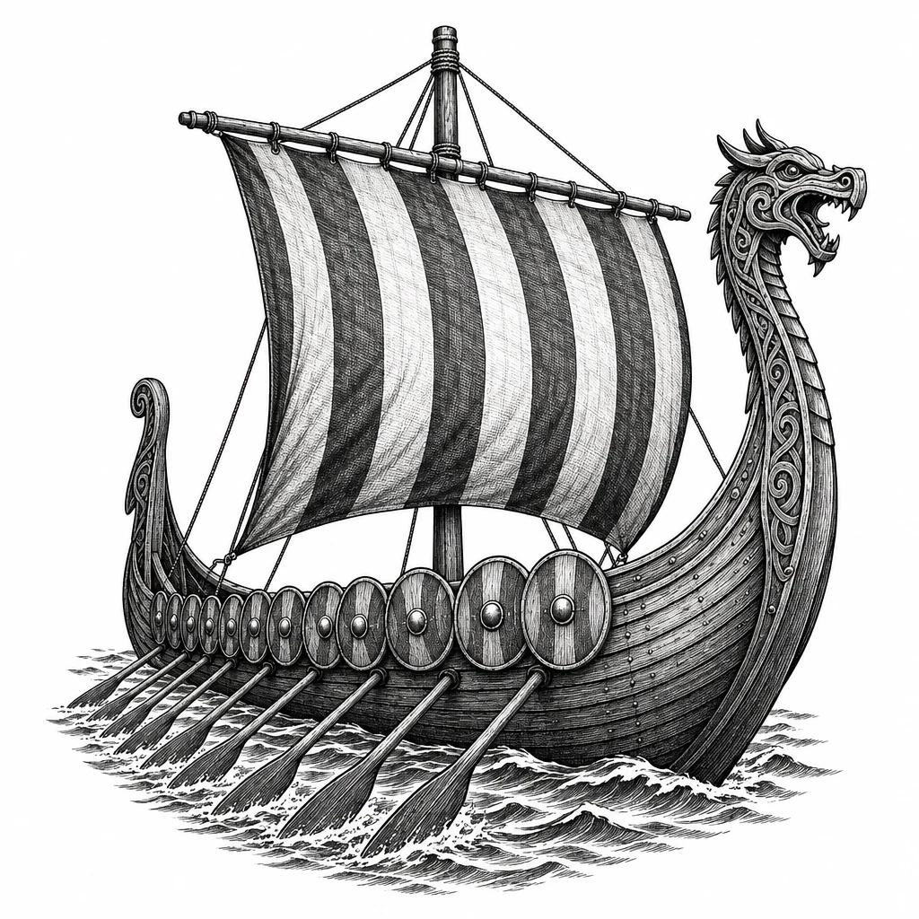 Viking longship tattoo design with a dragon head prow, striped sail, shields along the hull and oars