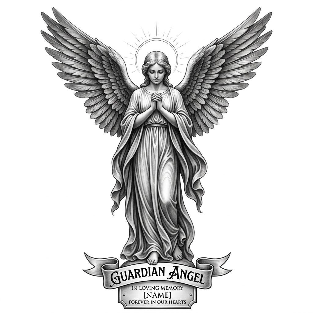 angel tattoo realistic guardian angel, design on white background