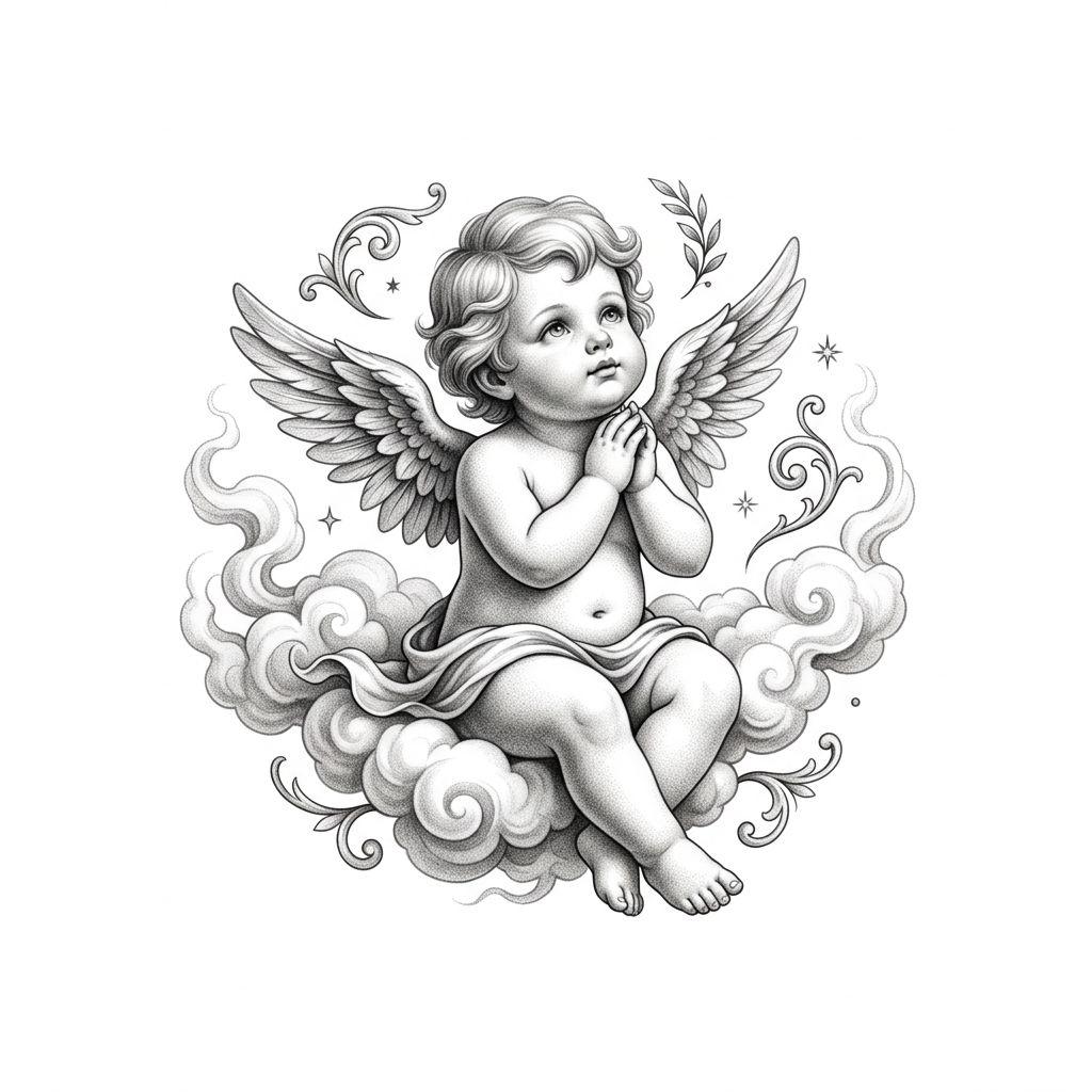 angel tattoo baroque cherub, design on white background