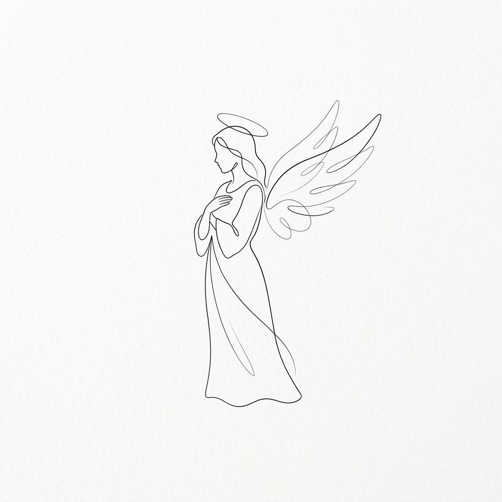 angel tattoo minimalist fine line angel, design on white background