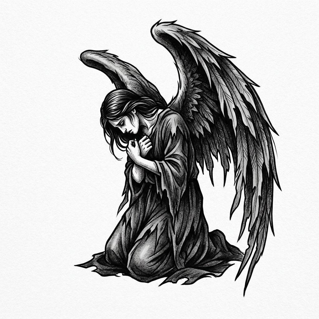 angel tattoo dramatic fallen angel, design on white background