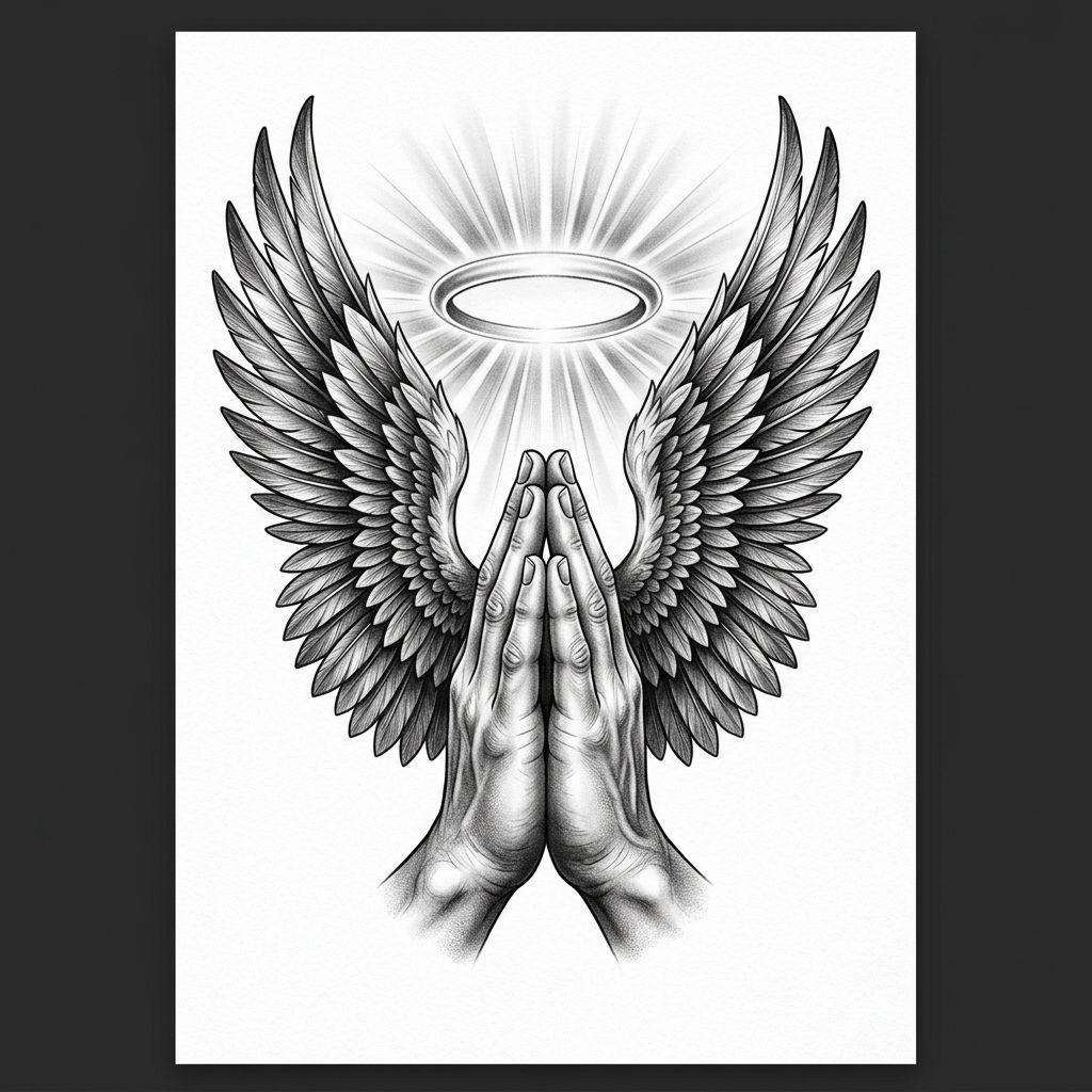 angel tattoo praying hands and wings, design on white background