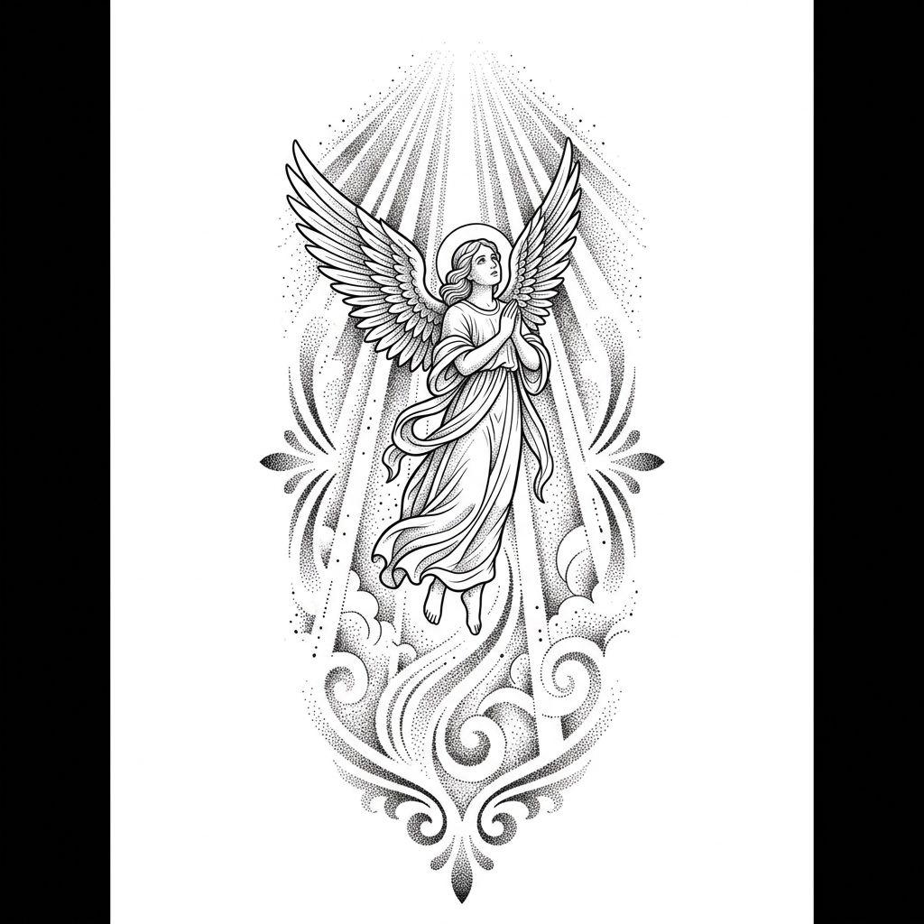 angel tattoo angel in a column of light, design on white background