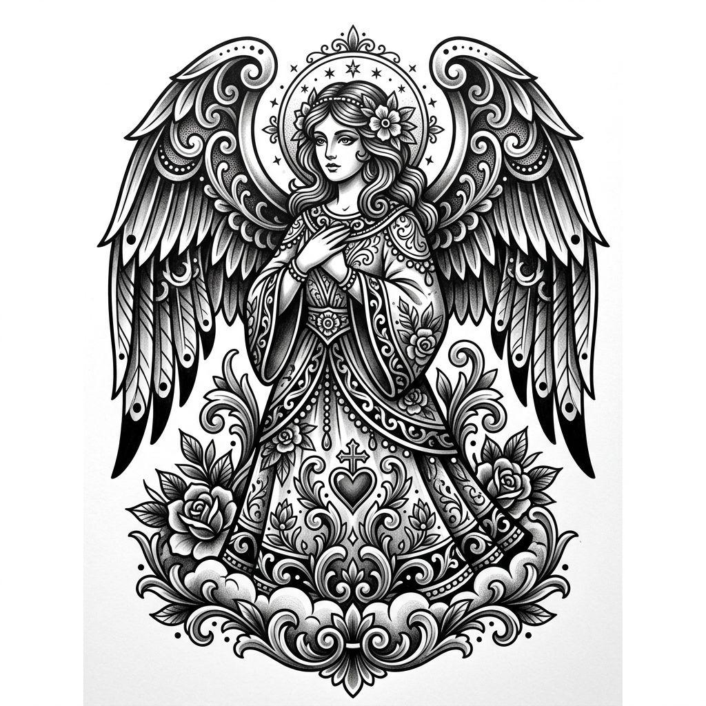 angel tattoo neo-traditional angel, design on white background