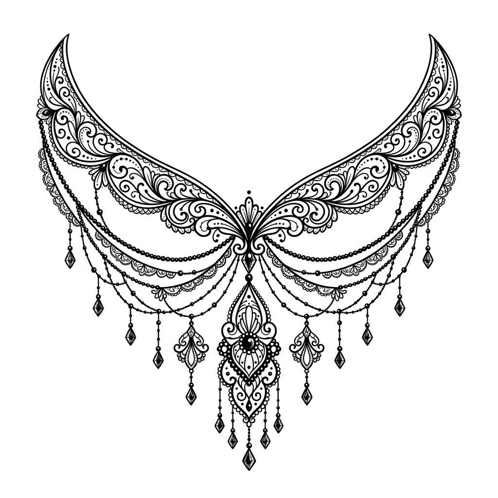 collarbone (women) tattoo mirrored ornamental necklace, design on white background