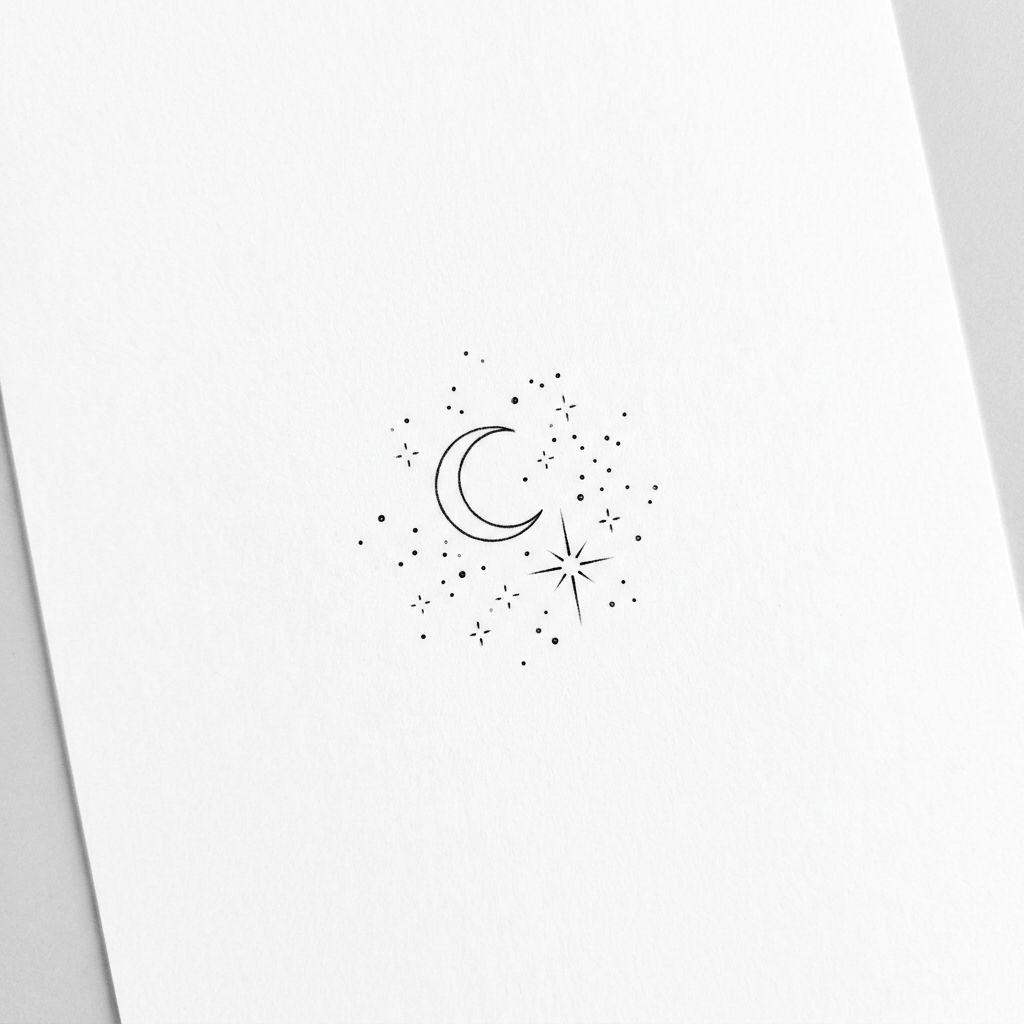 collarbone (women) tattoo moon and stars in the hollow, design on white background