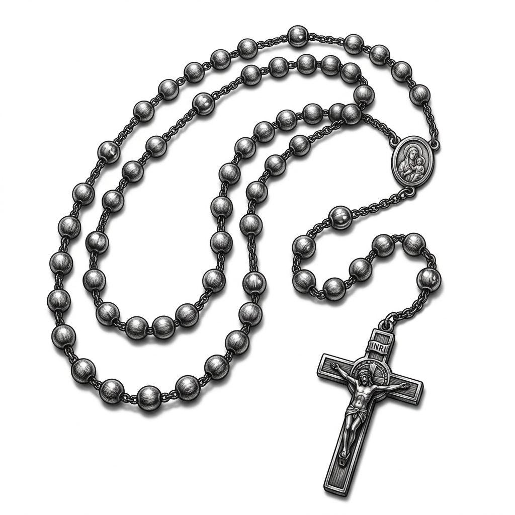 cross tattoo realistic cross and rosary, design on white background