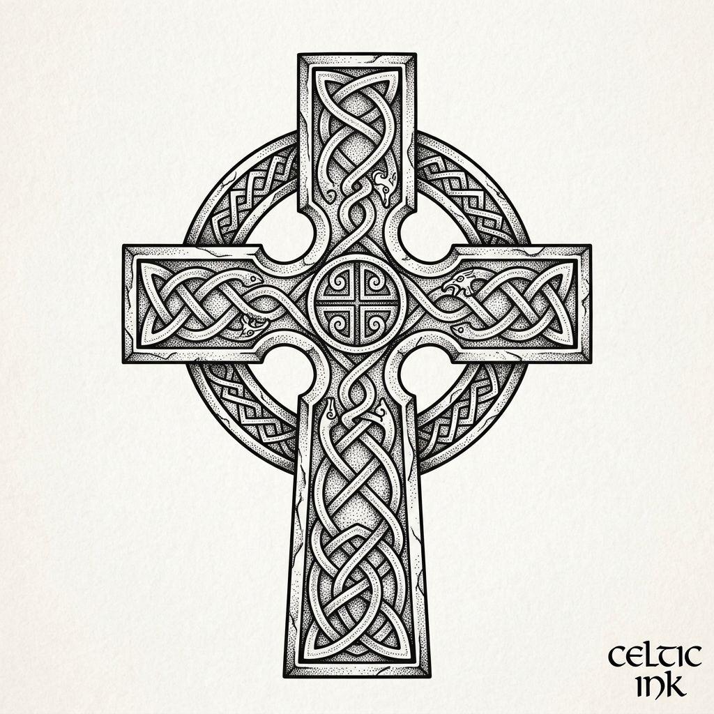 cross tattoo interlaced celtic cross, design on white background