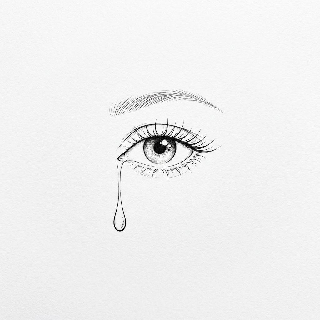 eye tattoo fine line eye and teardrop, design on white background