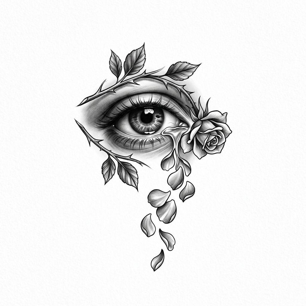 eye tattoo eye crying roses, design on white background