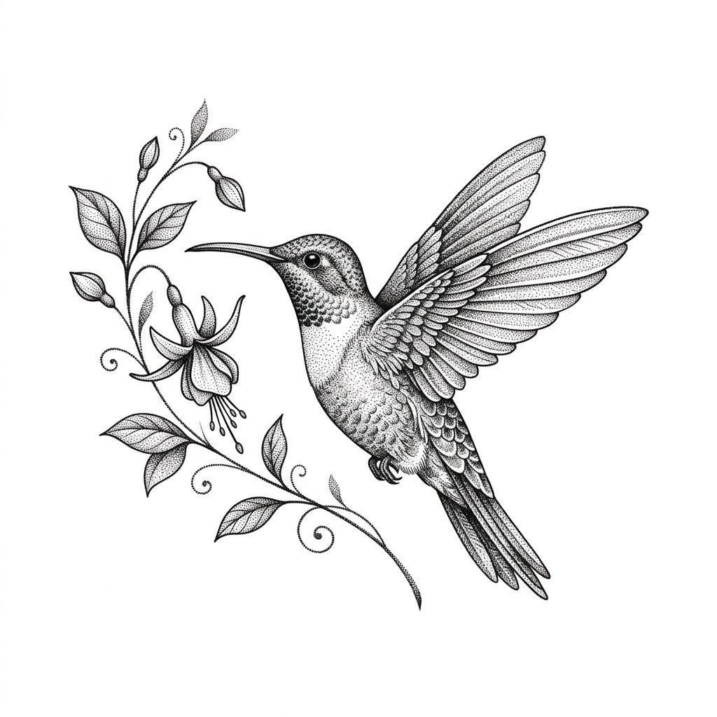 hummingbird tattoo dotwork hummingbird, design on white background