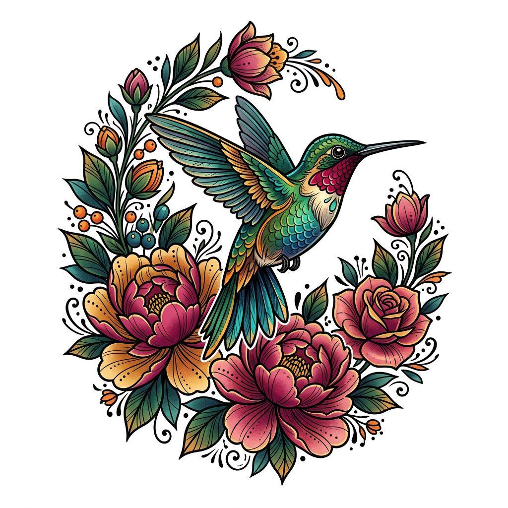 hummingbird tattoo neo-traditional hummingbird and flowers, design on white background