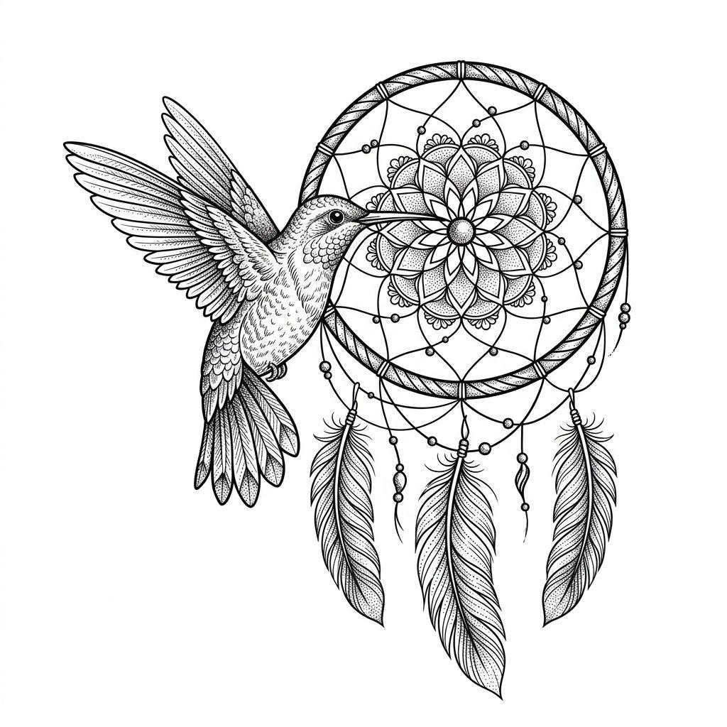 hummingbird tattoo hummingbird and dreamcatcher, design on white background