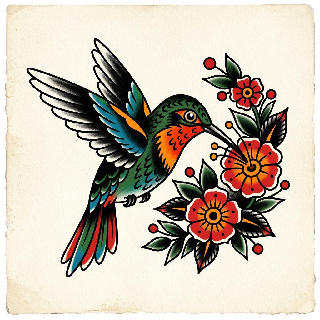 hummingbird tattoo old school hummingbird, design on white background