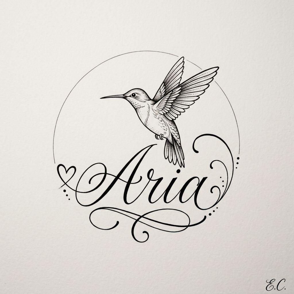 hummingbird tattoo tribute hummingbird with a name, design on white background