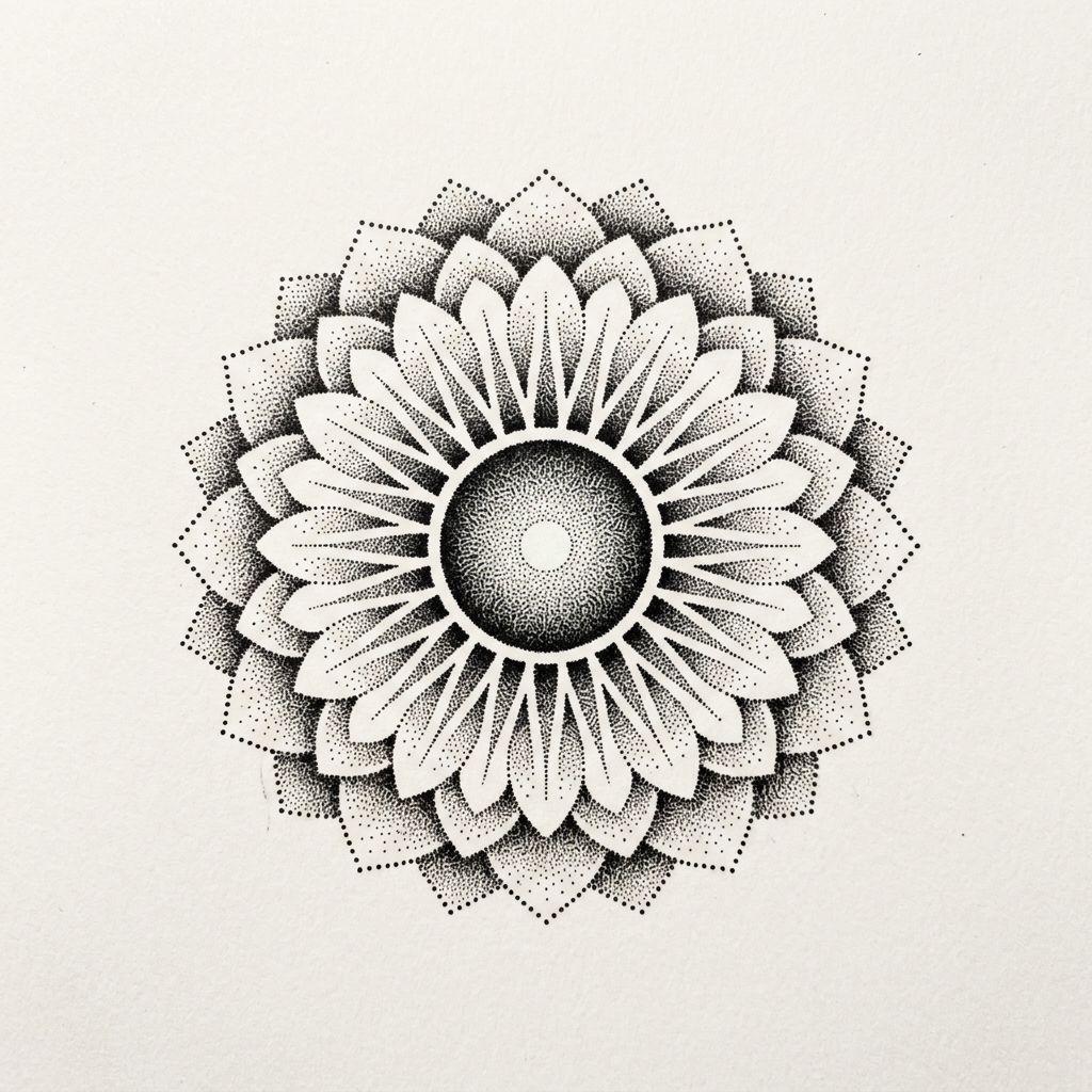 nape (women) tattoo miniature sun mandala, design on white background