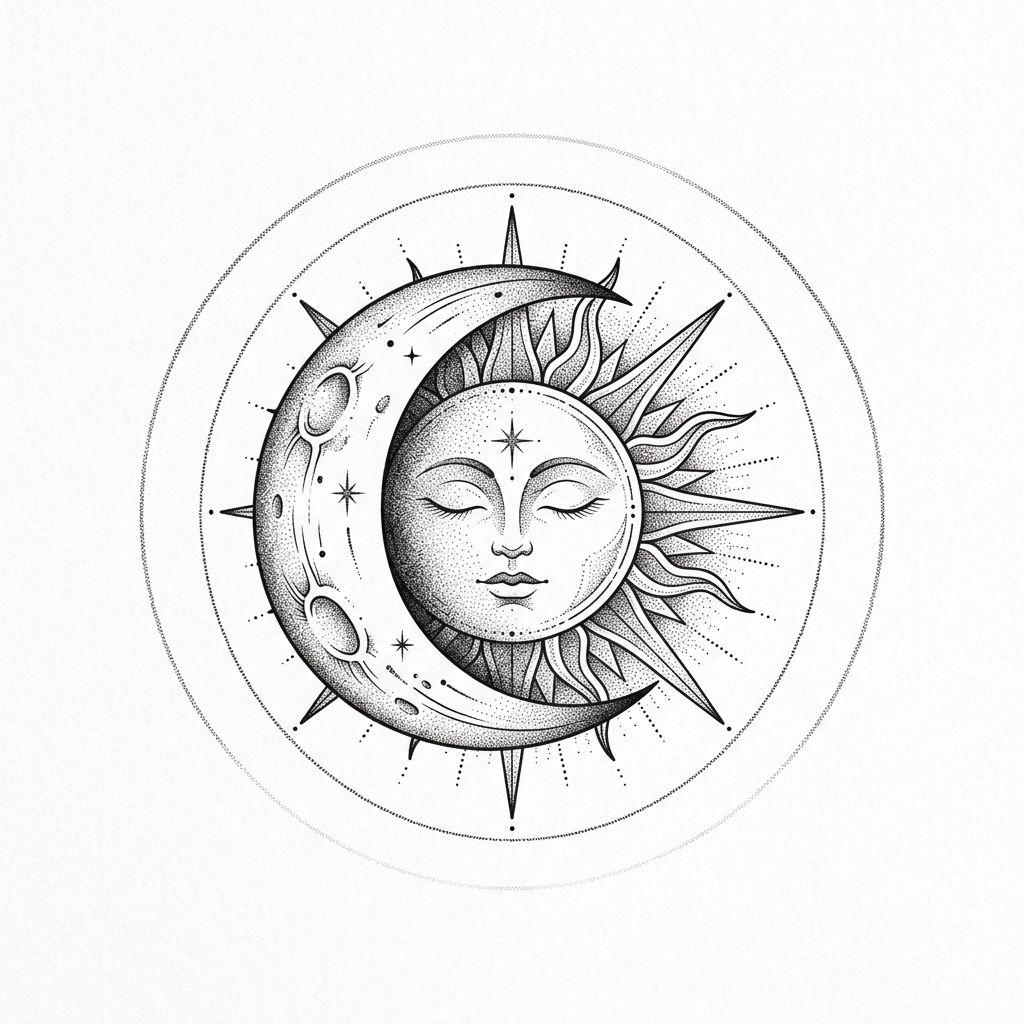 nape (women) tattoo dotwork sun and moon, design on white background