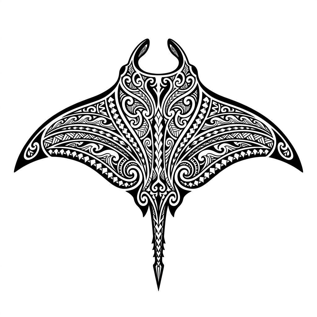 polynesian tattoo stylized manta ray, design on white background