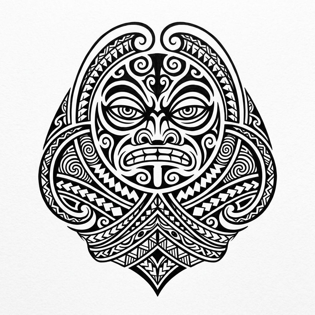 polynesian tattoo protective tiki, design on white background
