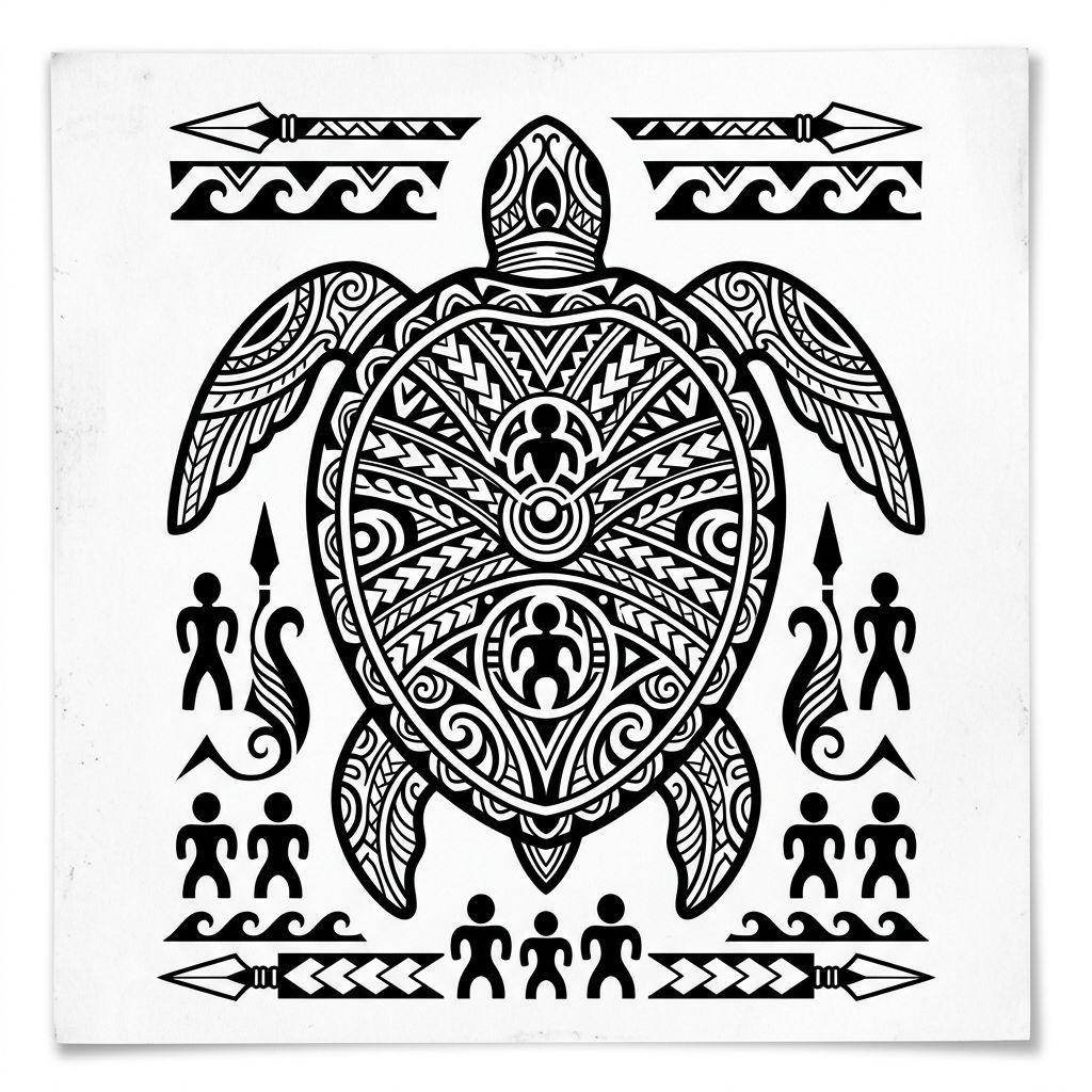 polynesian tattoo sacred honu turtle, design on white background
