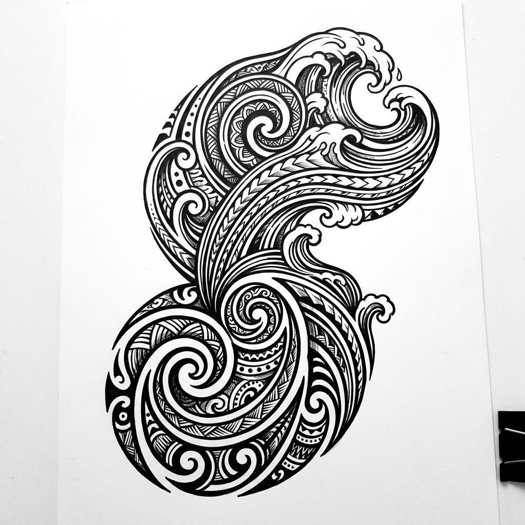 polynesian tattoo koru spirals and waves, design on white background