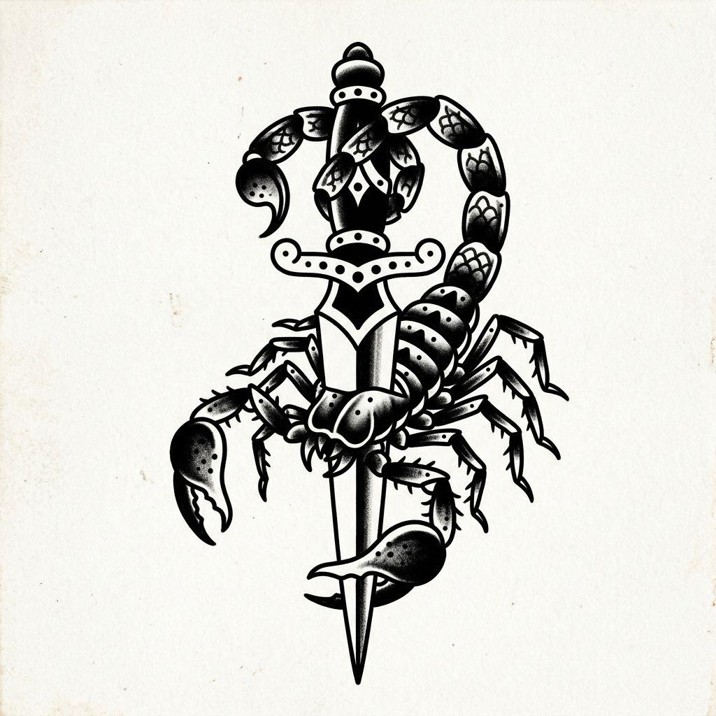 scorpion tattoo old school scorpion and dagger, design on white background