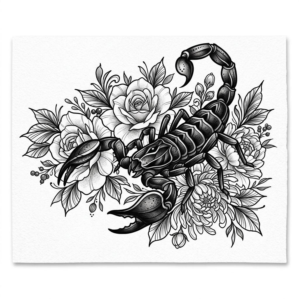 scorpion tattoo scorpion and flowers contrast, design on white background
