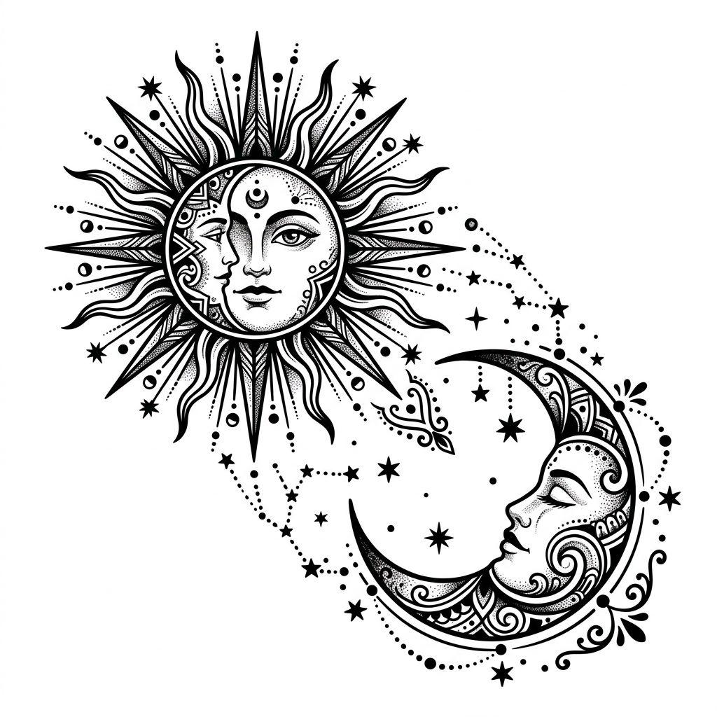 shoulder (women) tattoo symbolic sun and moon, design on white background