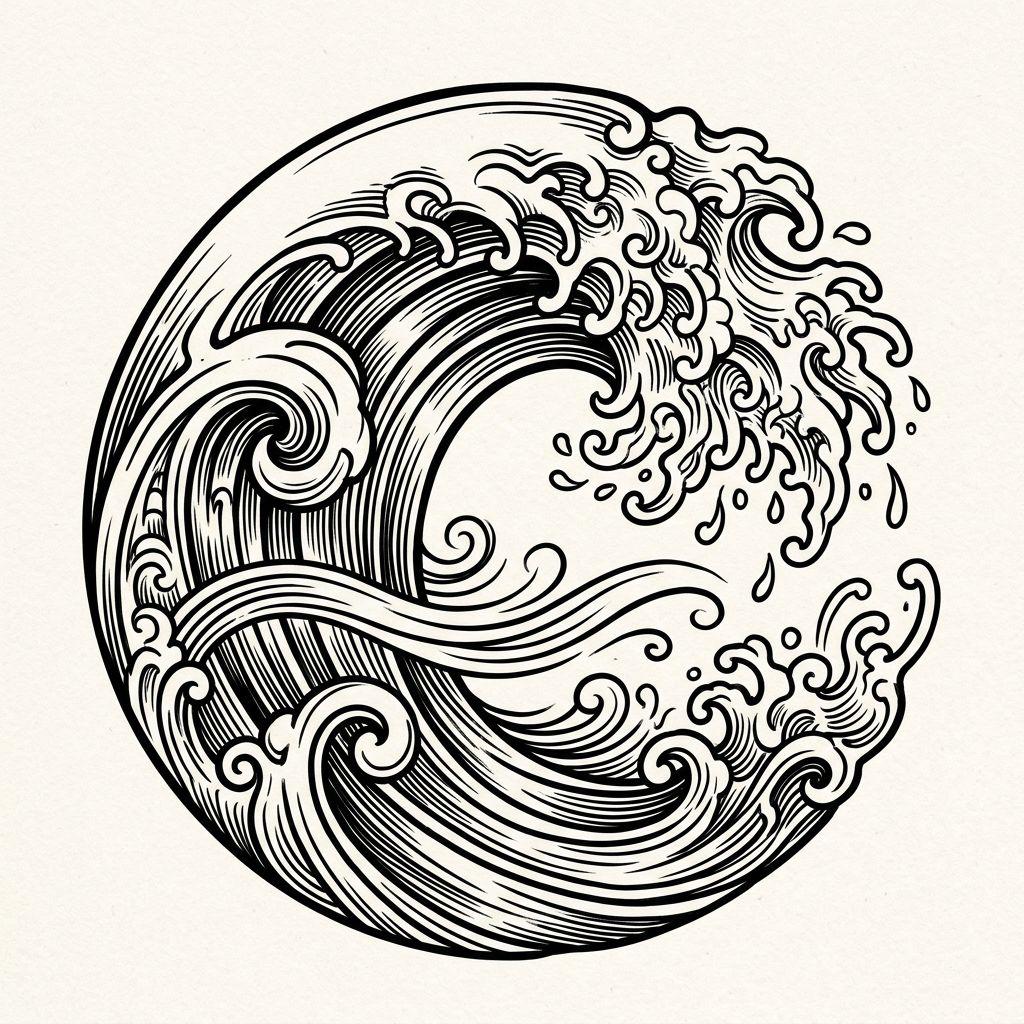 shoulder (women) tattoo japanese-style wave, design on white background