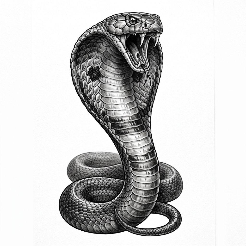 snake tattoo menacing realistic cobra, design on white background