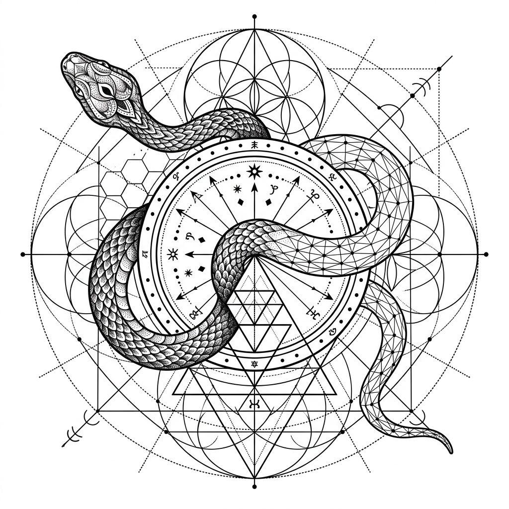 snake tattoo sacred geometric snake, design on white background