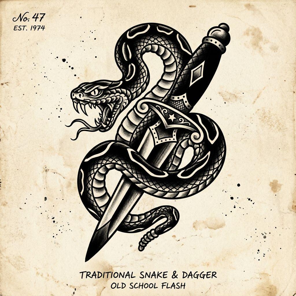 snake tattoo old-school snake and dagger, design on white background