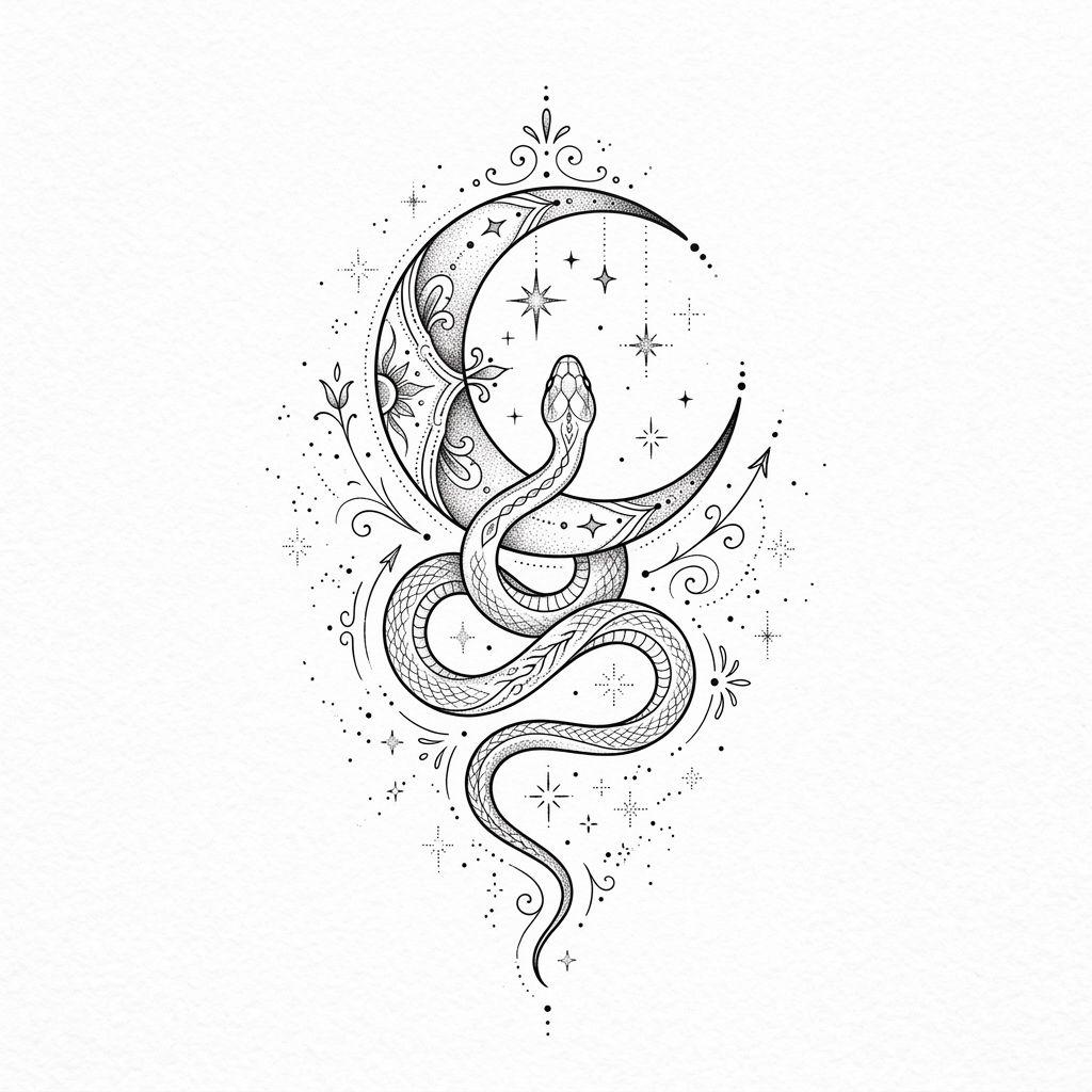snake tattoo mystical snake and moon, design on white background