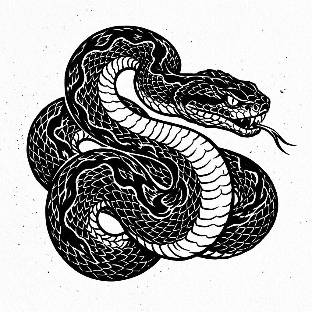 snake tattoo dense blackwork viper, design on white background