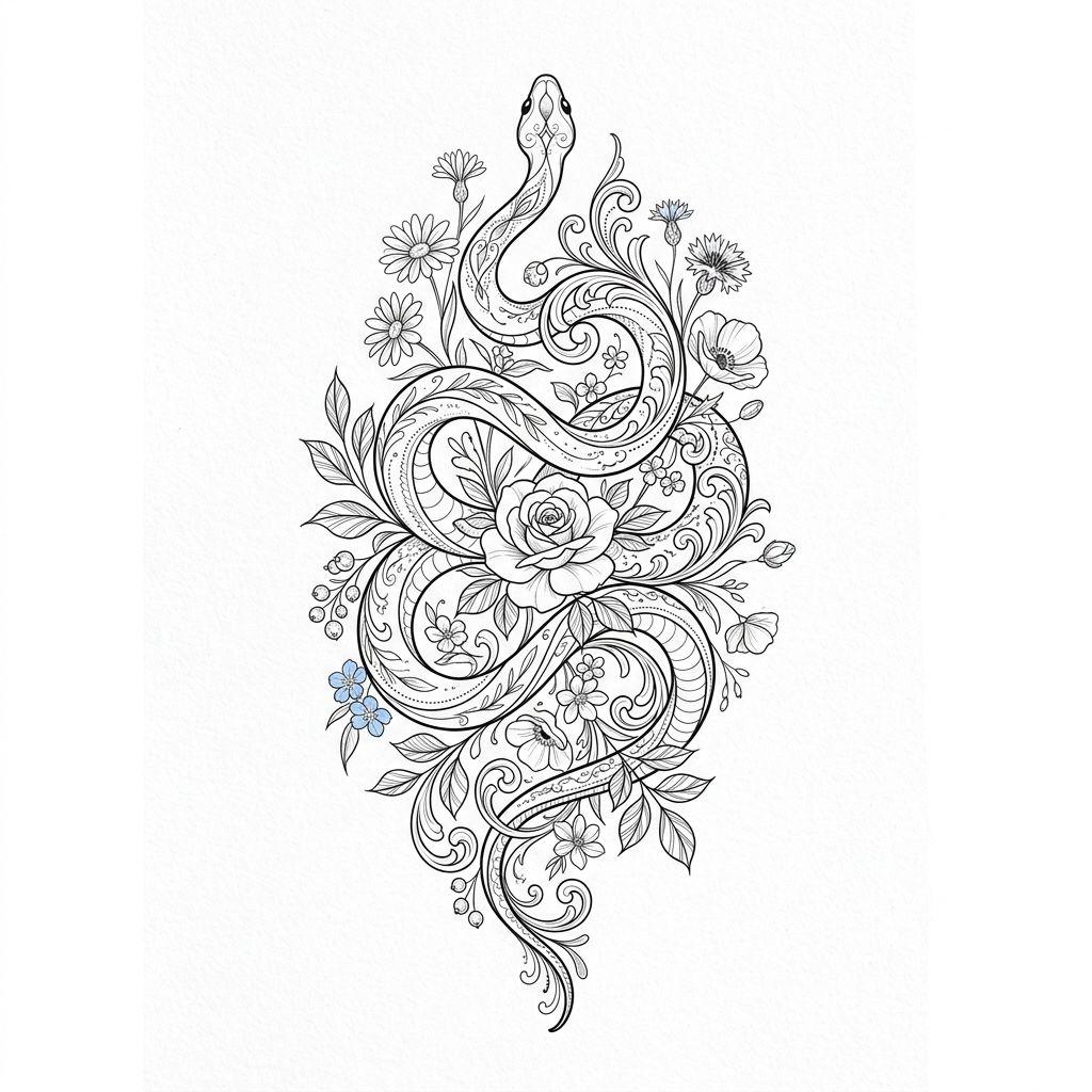 snake tattoo ornamental floral snake, design on white background