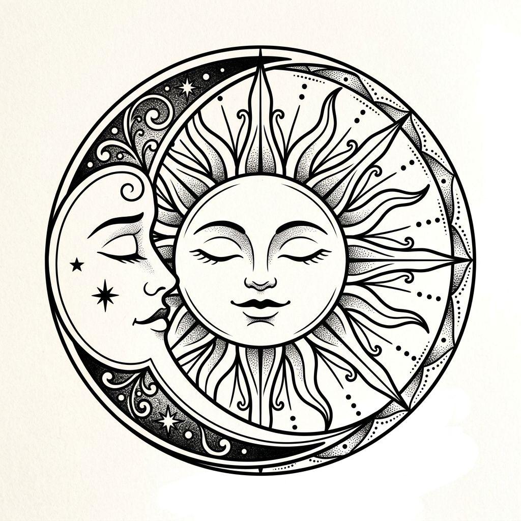 sun and moon tattoo intertwined sun and moon, design on white background
