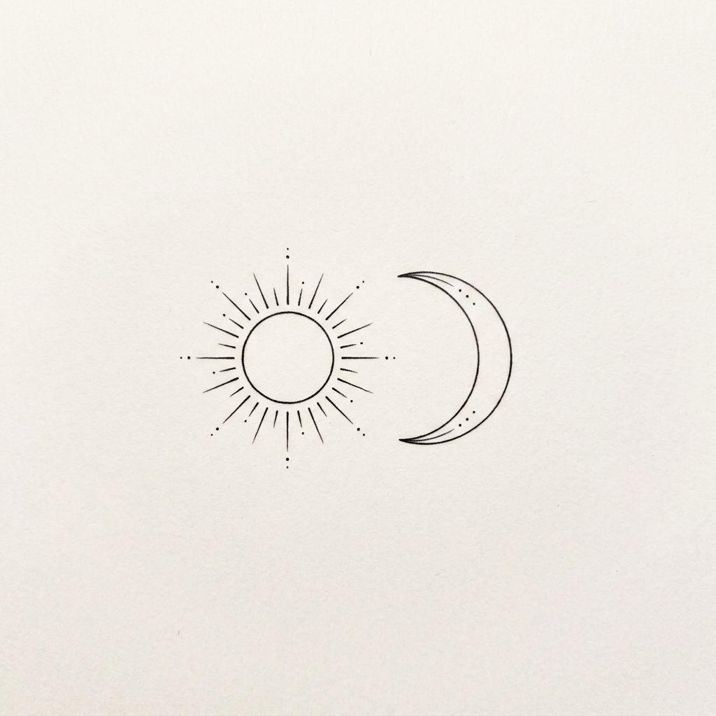 sun and moon tattoo minimalist fine line duo, design on white background
