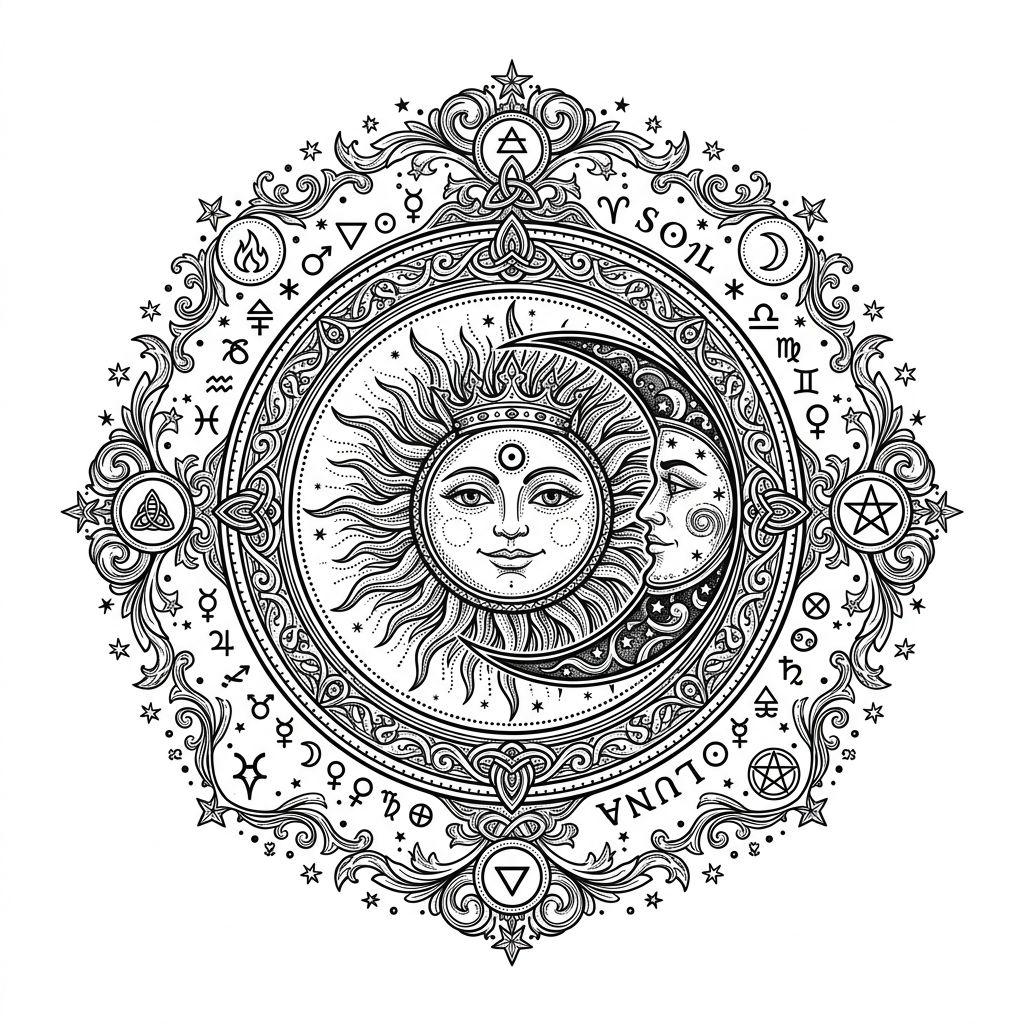 sun and moon tattoo alchemical circle, design on white background