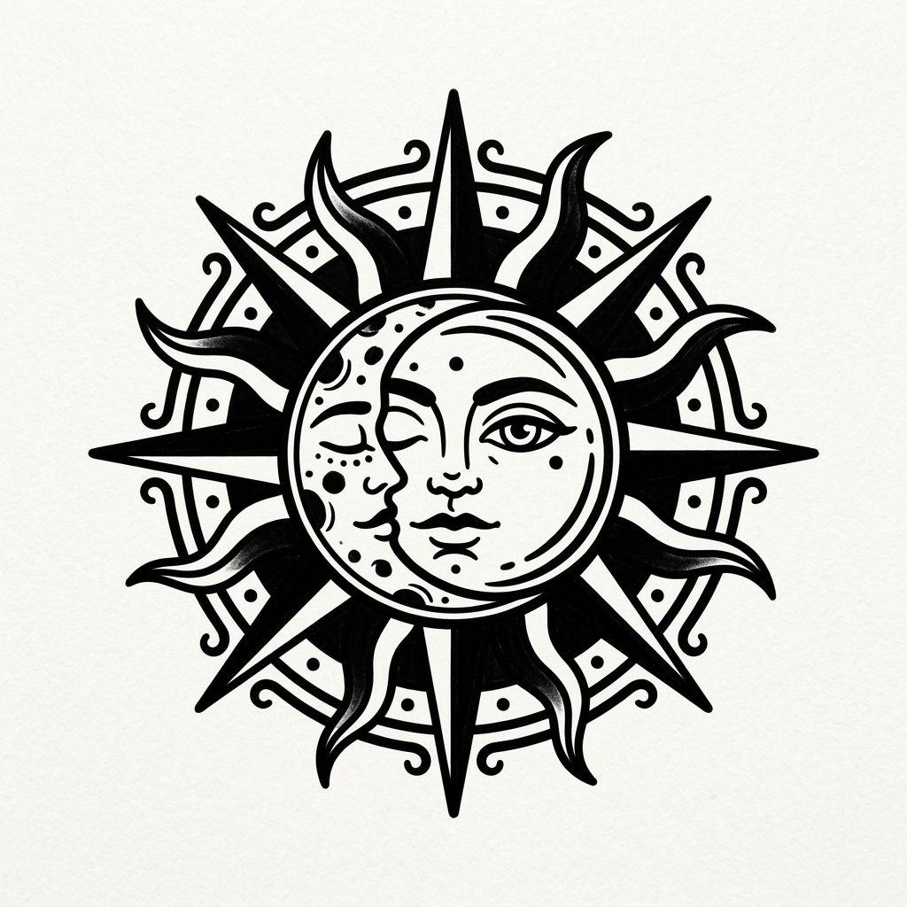 sun and moon tattoo graphic blackwork sun and moon, design on white background