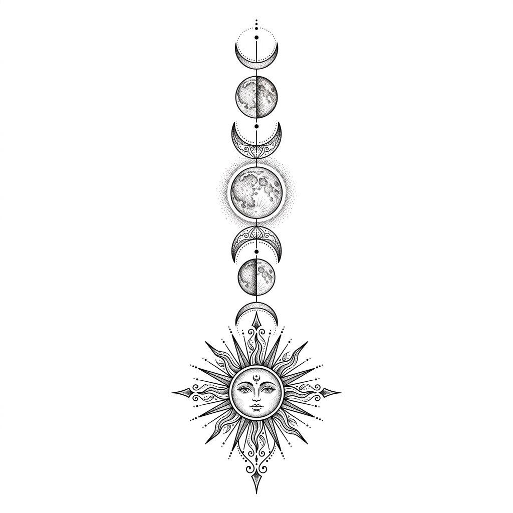 sun and moon tattoo moon phases and sun, design on white background