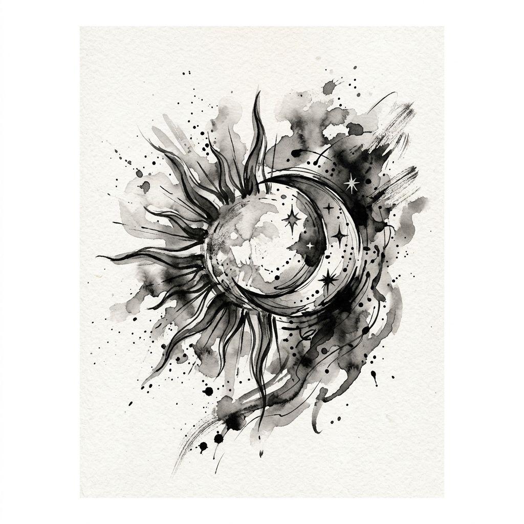 sun and moon tattoo night-blue watercolor, design on white background