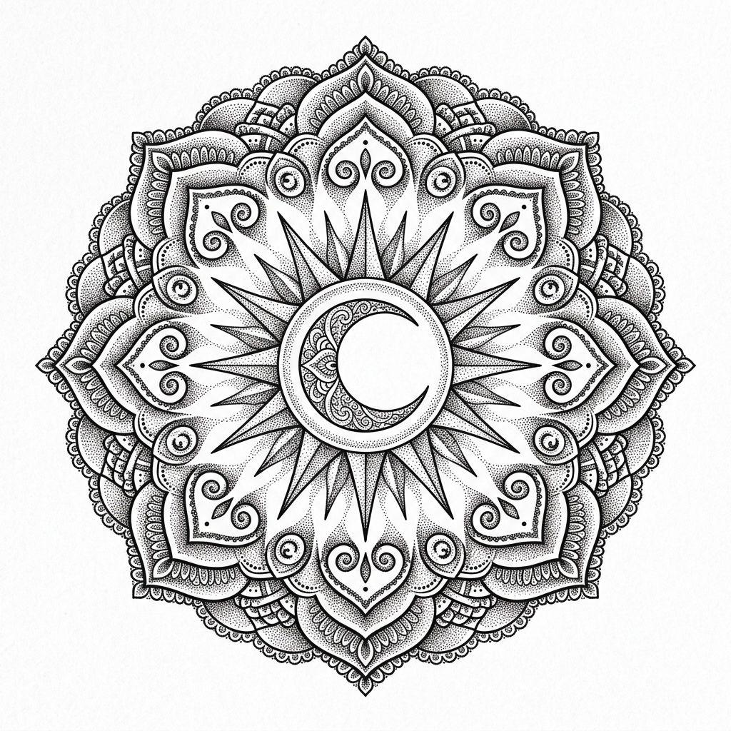 sun and moon tattoo solar and lunar mandala, design on white background