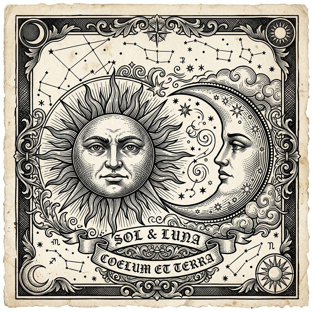 sun and moon tattoo antique engraving style, design on white background